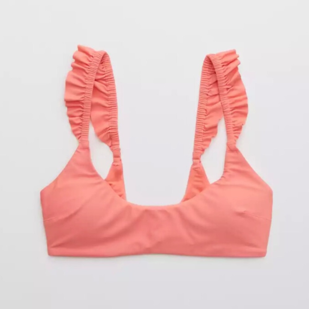 Aerie Coral Pink Ruffle Scoop Bikini Top‎ Swimsuit NEW